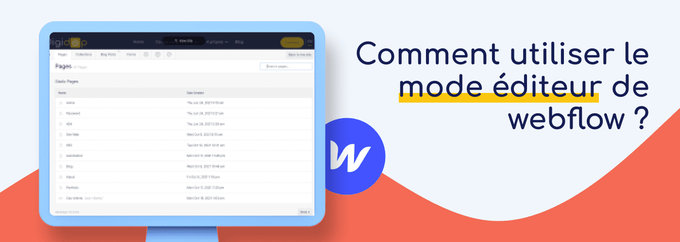 Ecran avec interface éditeur de webflow et icone Webflow bleue