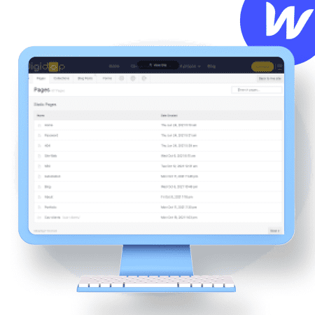 Ecran avec interface éditeur de webflow et icone Webflow bleue