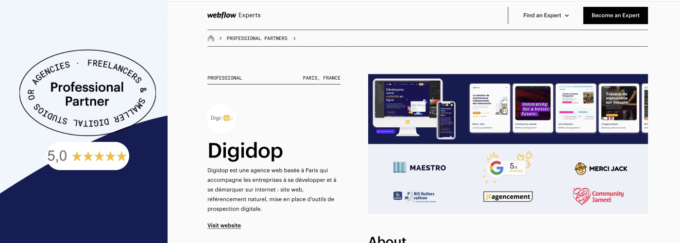 Aperçu de la page de Agence partenaire Webflow de Digidop avec logo professional partner blanc et noir