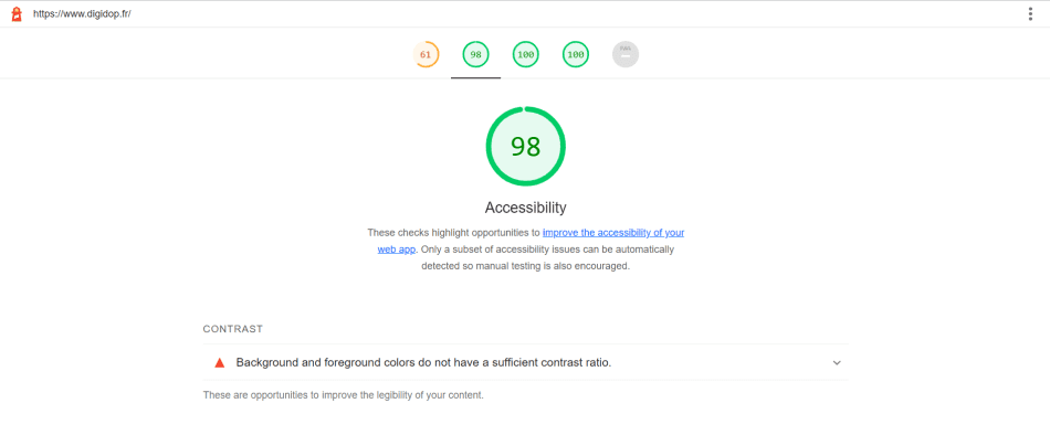Capture d'écran du score d'accessibilité de Digidop.fr sur la Lighthouse avec un score de 98/100