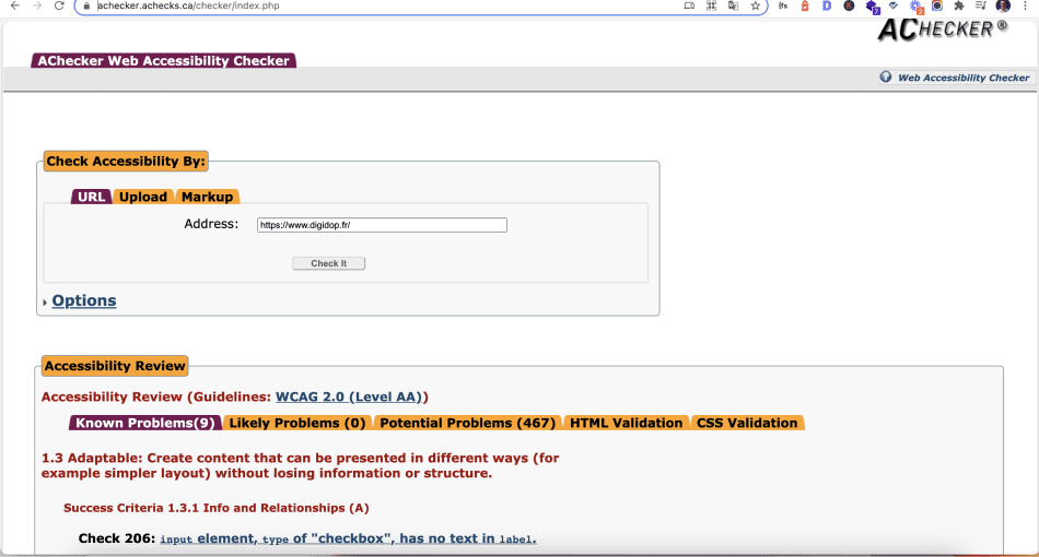 Capture d'écran du résultat du test d'accessibilité web de Digidop.fr sur AChecker