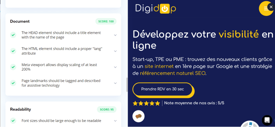 Capture d'écran du résultat du test d'accessibilité web de Digidop.fr sur AccessiBe
