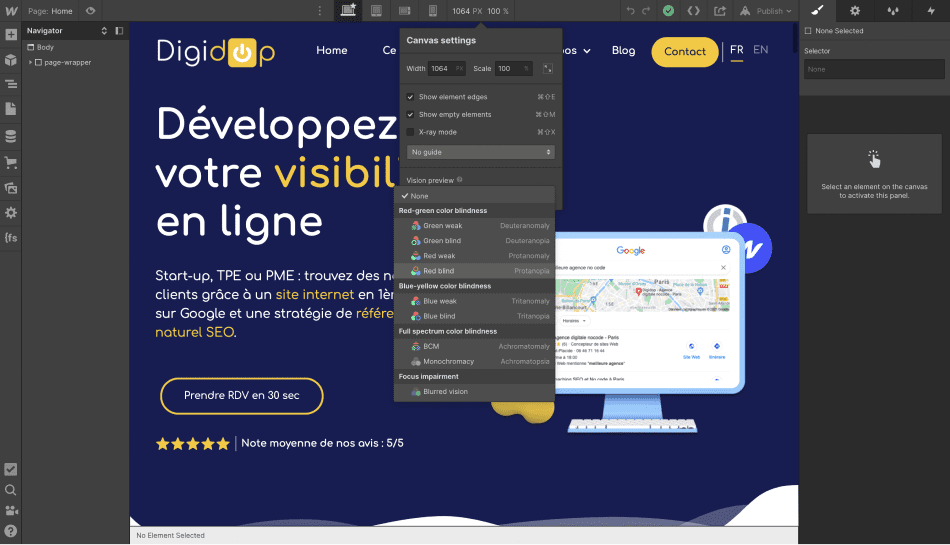 Capture d'écran des canvas settings dans le designer de webflow