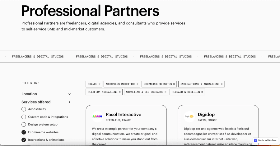 Page professional partners filtrant des experts en France dont Pasol Interactive et Digidop