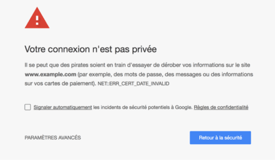 Capture d'écran message avertissement google connexion pas privée