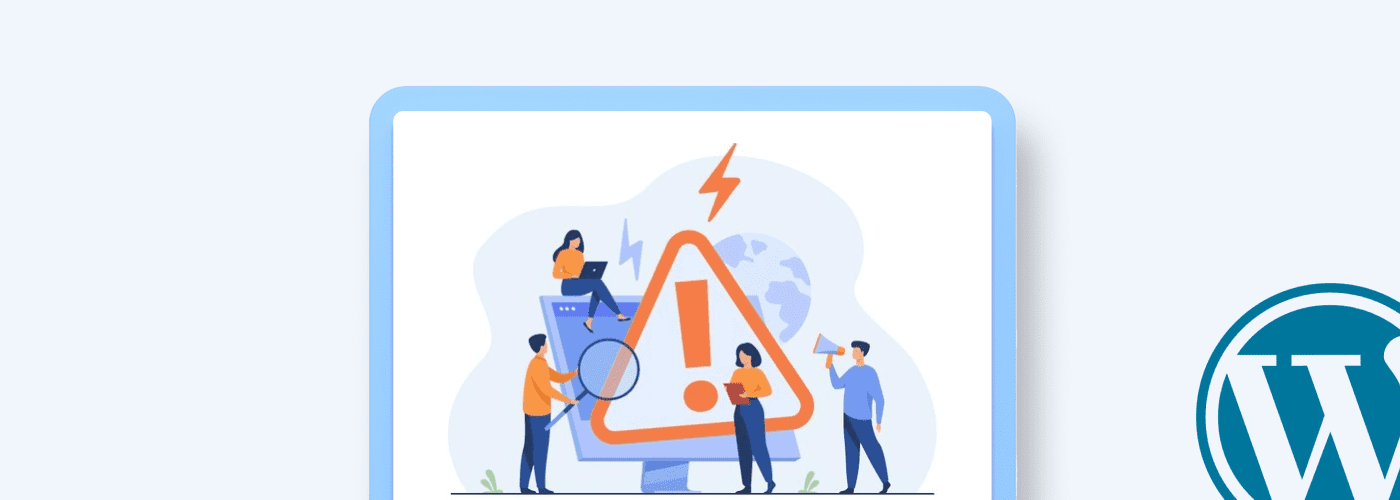 Logo wordpress avec des personnes examinant un ecran d'ordinateur avec message d'erreur