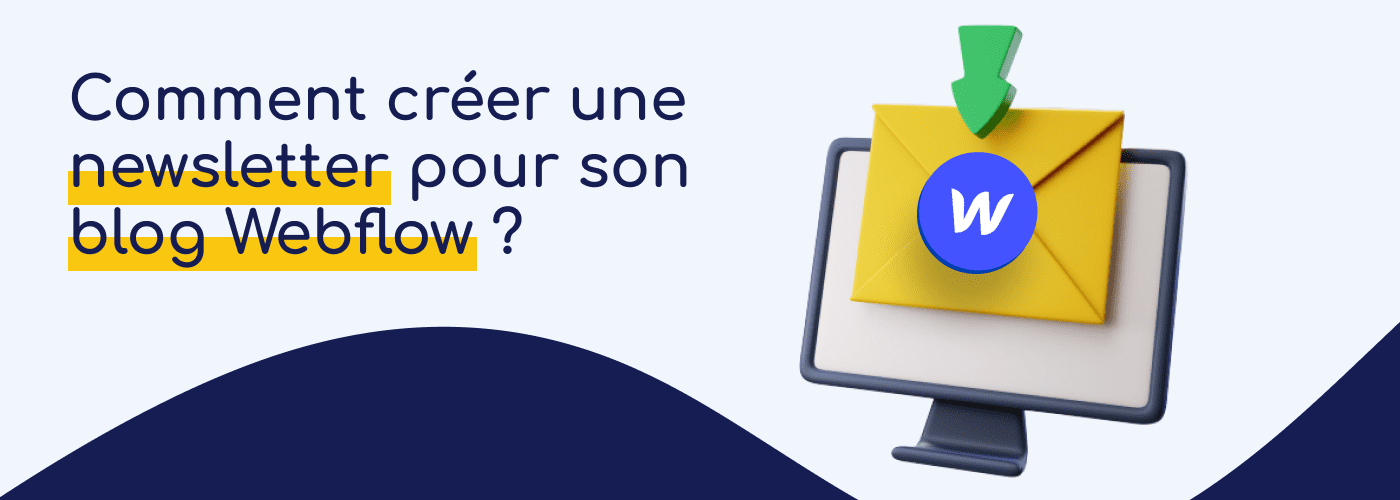 Ecran d'ordinateur avec enveloppe jaune flèche verte et logo bleu webflow