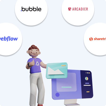 Personnage avec un écran d'ordinateur et le logo de Webflow, bubble, arcadier et sharetribe