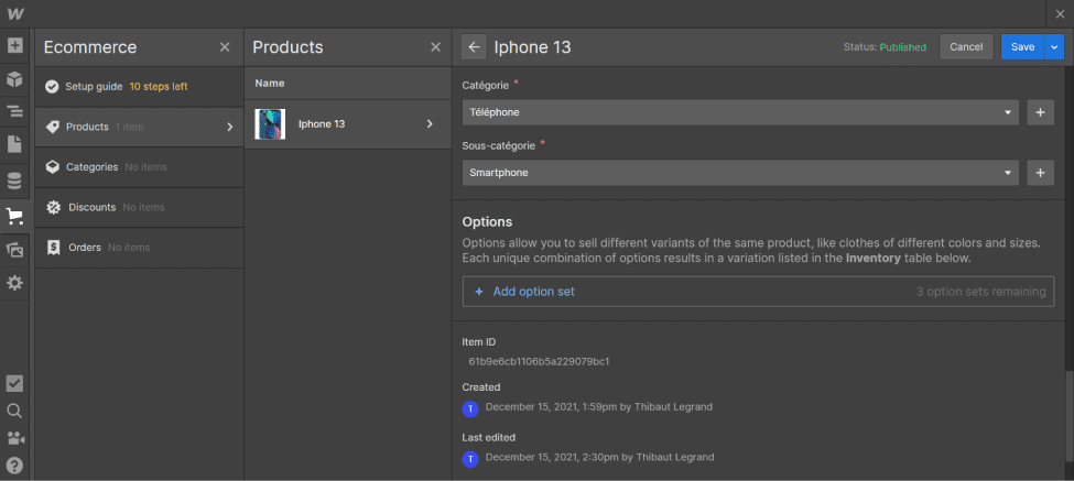 Choix des catégories et sous-catégories d'un product sur le e-commerce de webflow