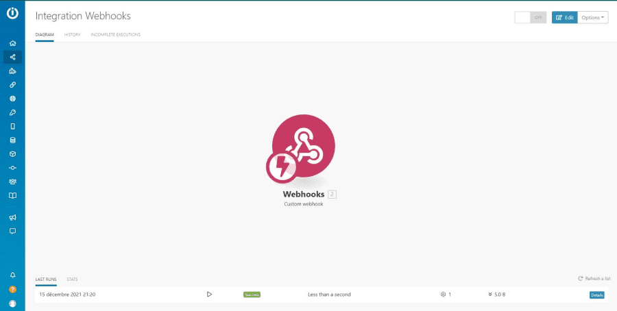 Interface d'automatisation avec Webhook Integromat
