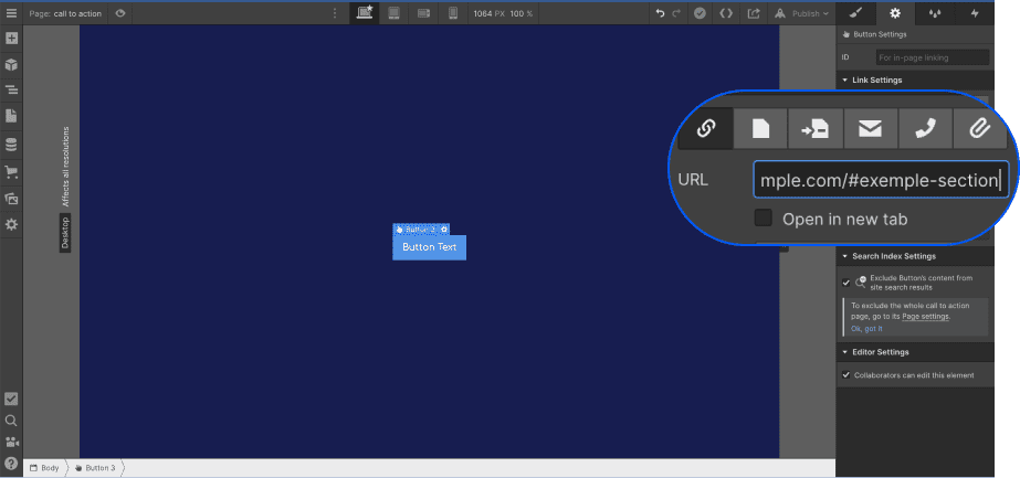 Ajout de l'élement /#ID après l'url dans les links settings du designer Webflowf