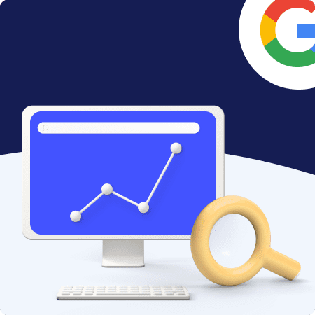 Loupe posée sur un ordinateur avec une courbe en croissance et un logo Google
