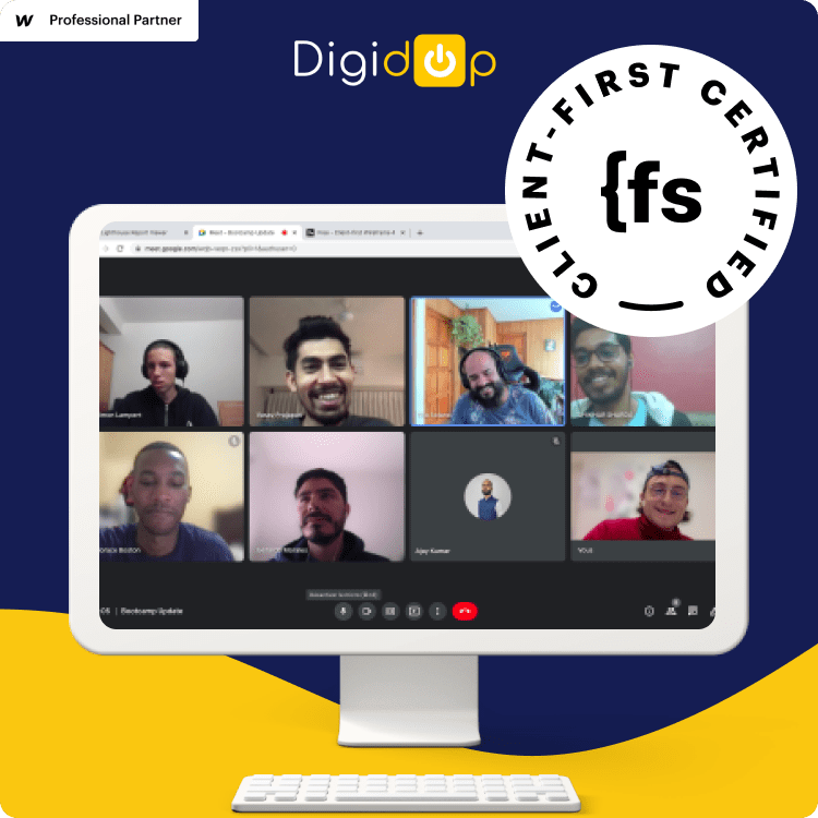 Google meet avec l'équipe Finsweet pour le bootcamp de certification client-first, Florian de l'équipe Digidop est en bas à droite