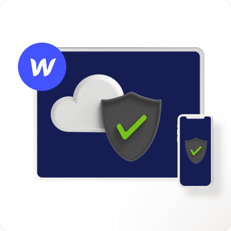 Ecran de tablette et téléphone avec icone de sécurité cloud Webflow sur un fond bleu et icone Webflow