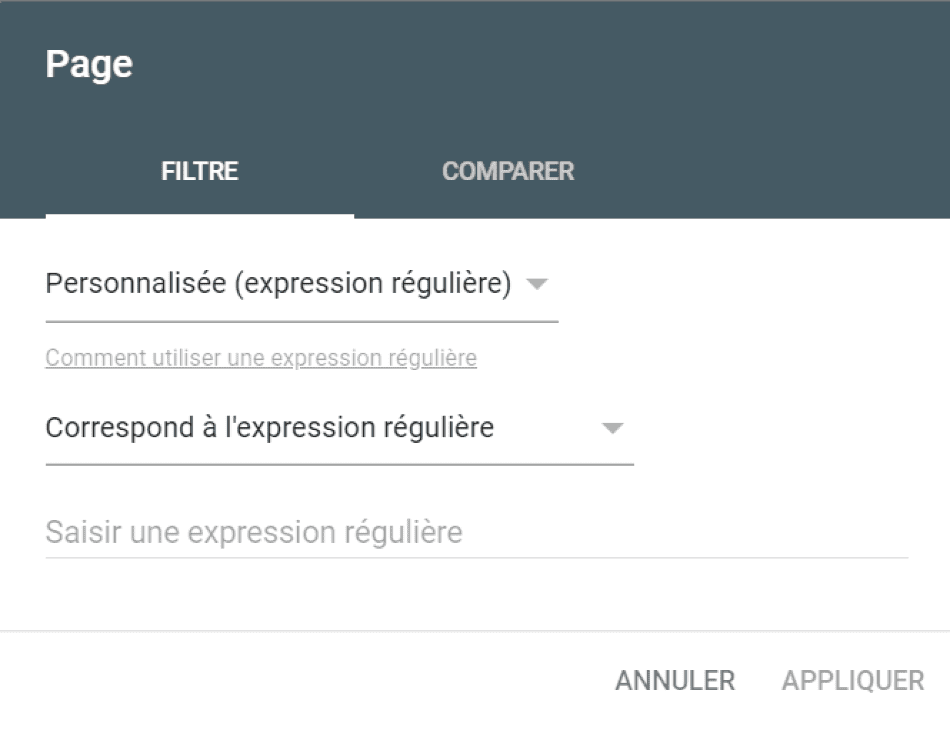 Système de filtrage par expression régulière (regex) pour les pages / URL dans la Google Search Console