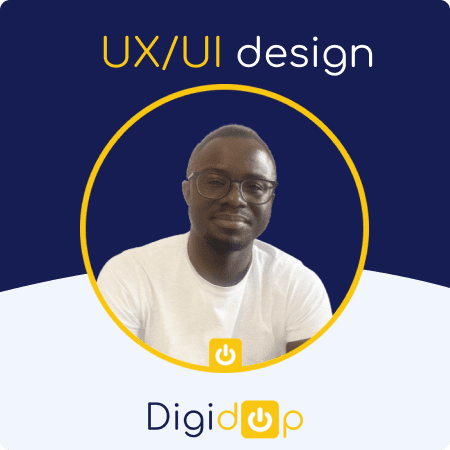 Thumbnail avec la photo de Mérieux UX Designer de Digidop, le logo de Digidop et le titre "UX/UI Design"