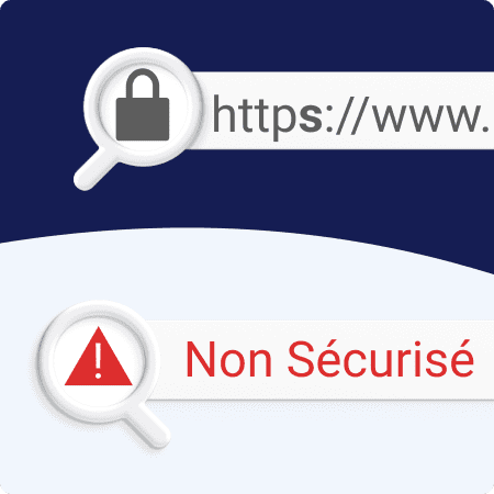 Deux barres de recherches sur fond vague bleu avec un URL Digidop sécurisé et un URL exemple non sécurisé