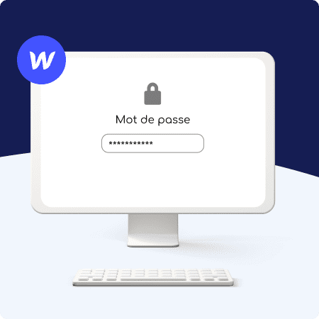 Ordinateur sur fond bleu avec écran d'identification mot de passe et logo webflow
