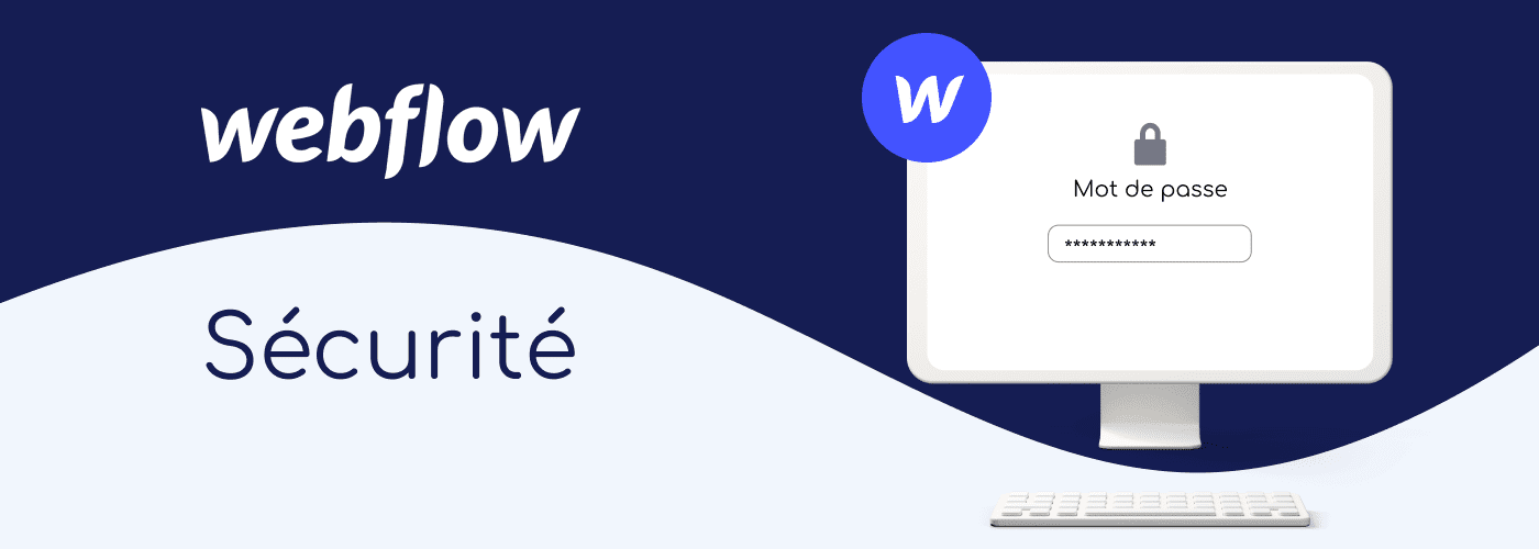 Ordinateur sur fond bleu avec écran d'identification mot de passe et logo webflow