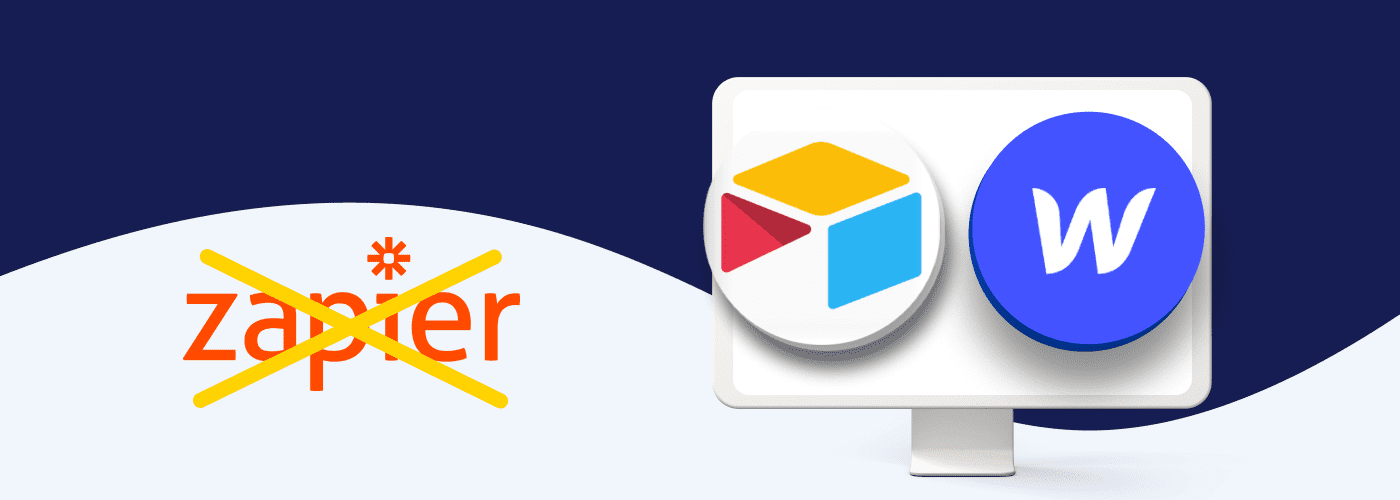 Logo Airtable et logo Webflow sur écran avec logo Zapier barré