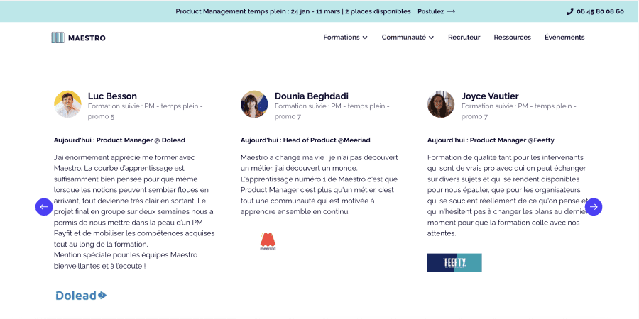 Capture d'écran d'un slider d'avis sur le sitede Join Maestro