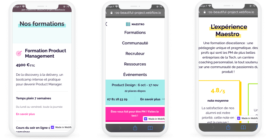 3 aperçus responsives du site Join Maestro sur des Iphones