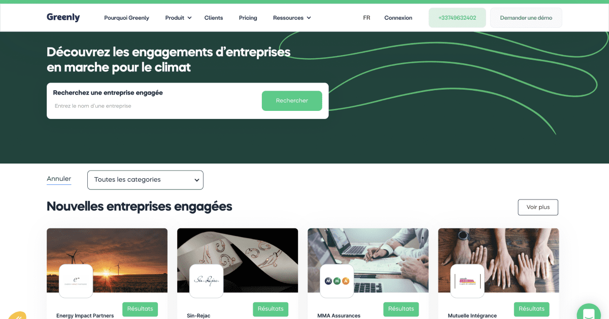 Page "cas client" de greenly, avec barre de recherche et filtre par catégorie