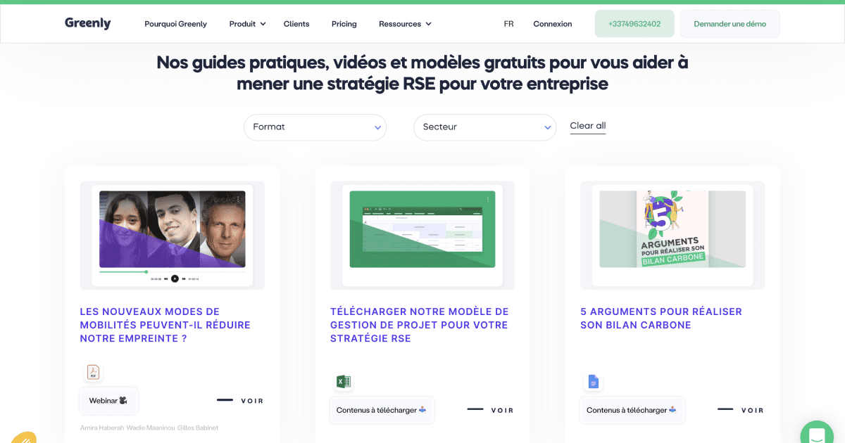Page ressources, avec du contenu filtrable par secteur ou format