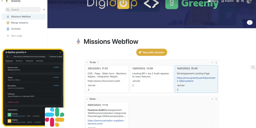 Dashboard coda.io Digidop x Greenly et channel slack