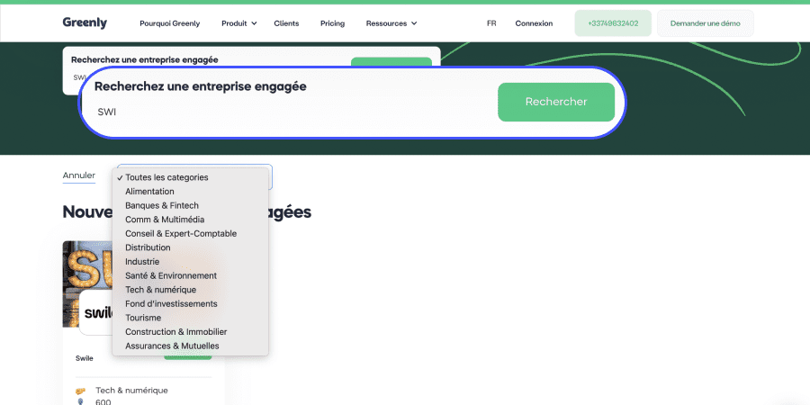 Capture d'écran de la page cas clients de Greenly, avec barre de recherche et filtre par categories