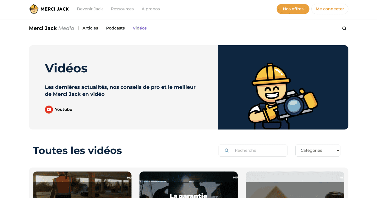 Page ressources vidéos du site merci jack, avec système de filtrage