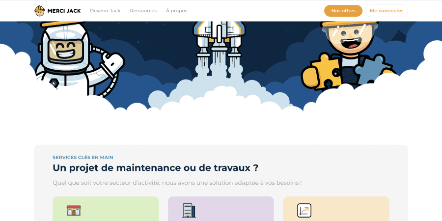 Header et offre de services de maintenance sur le site web Merci Jack