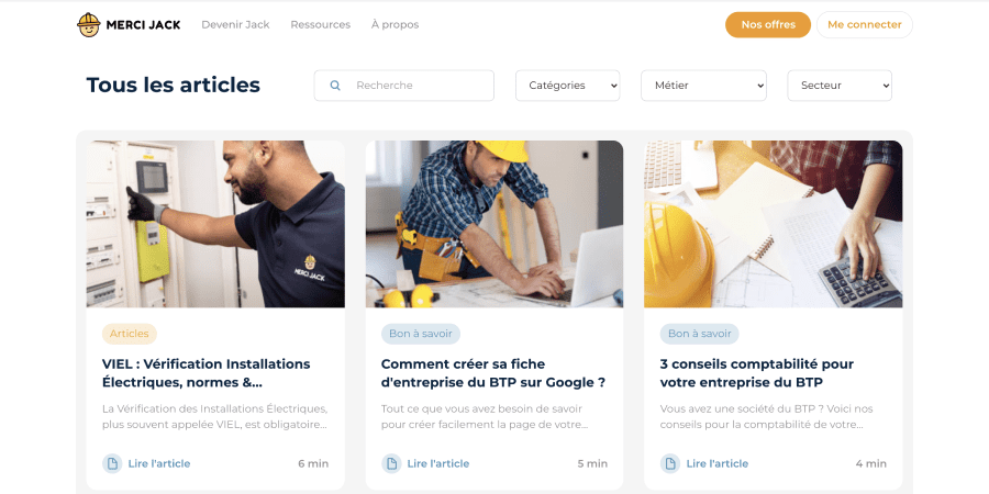 Articles de blog sur le site Merci jack avec des options de filtrage