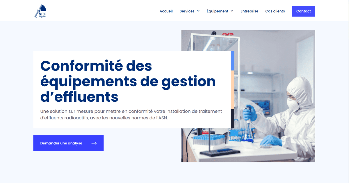 Page service site STCF Equipement avec image médicale, titre bleu et bouton bleu