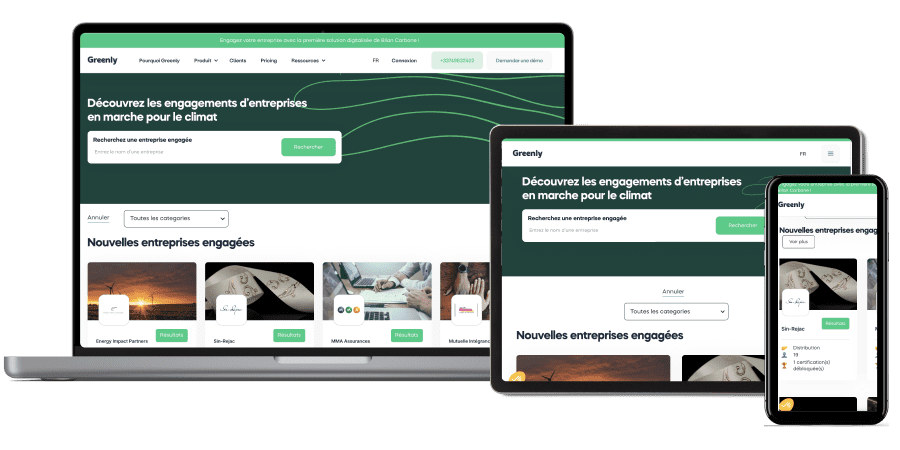Aperçu du site greenly.earth sur ordinateur, tablette et iphone