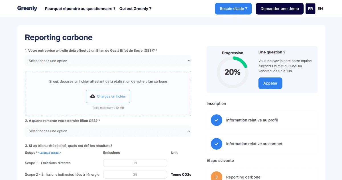 Etape de formulaire multi-step webflow pour bilan carbone greenly