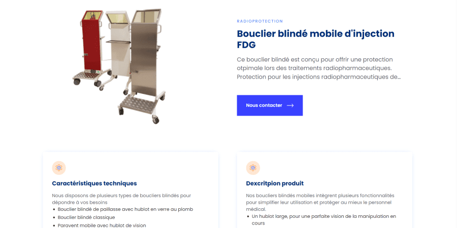 Page d'un produit de radioprotection du site STCF Equiepements