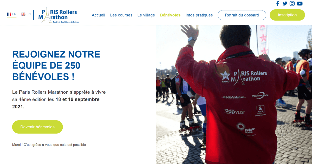 page bénévoles du site paris roller marathon avec un bénévole en photo