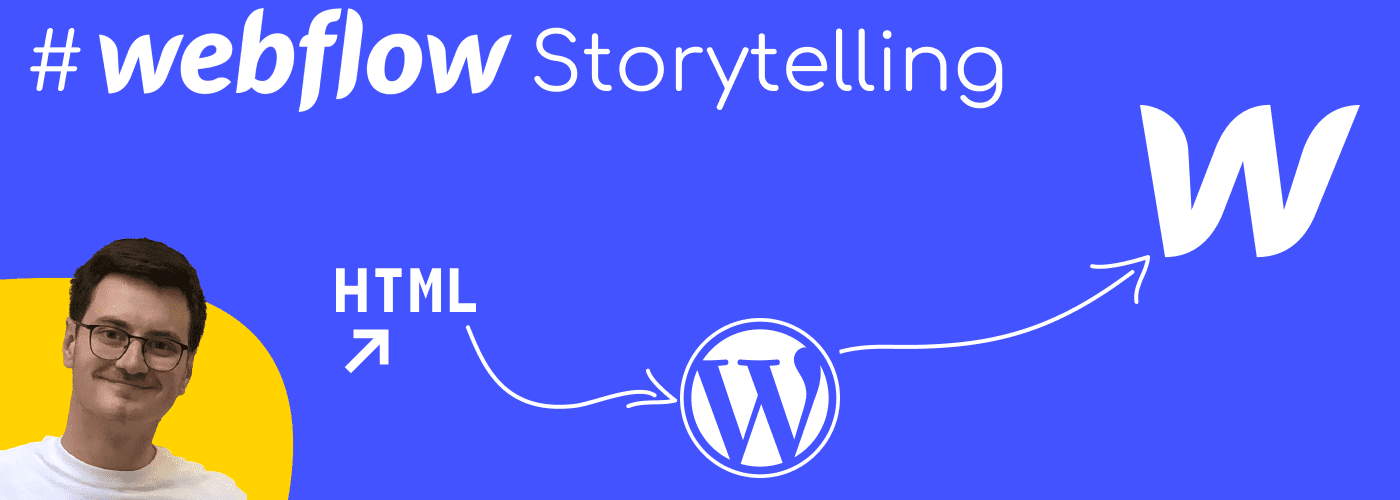 Photo de Thibaut Legrand avec une icone HTML, un logo de Wordpress et un logo Webflow