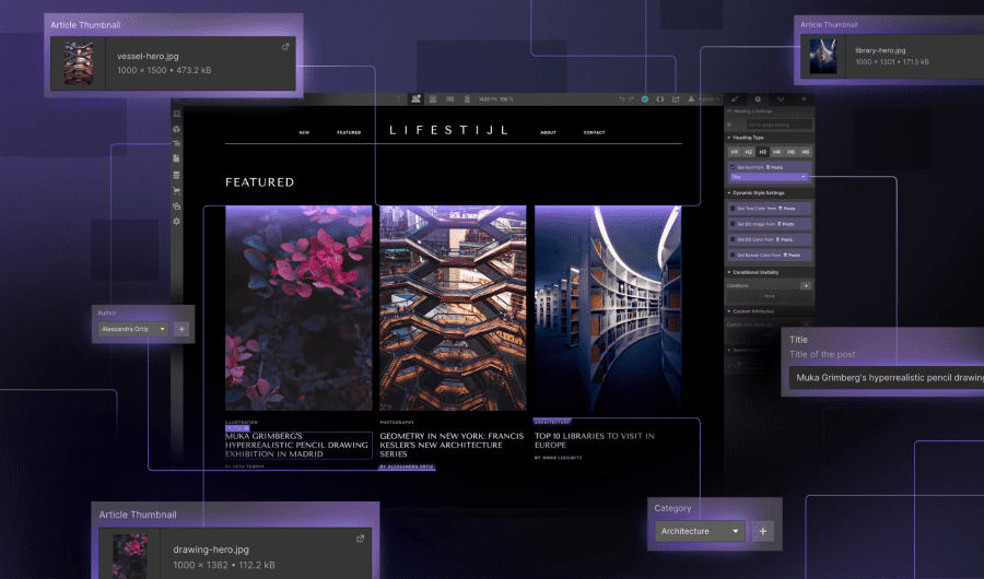 Interface designer de Webflow avec des items CMS collections lists