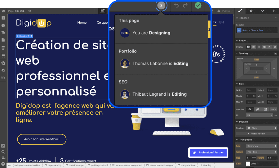Capture d'écran dans le designer de Webflow, montrant Thomas Labonne et Thibaut Legrand en train d'éditer des pages