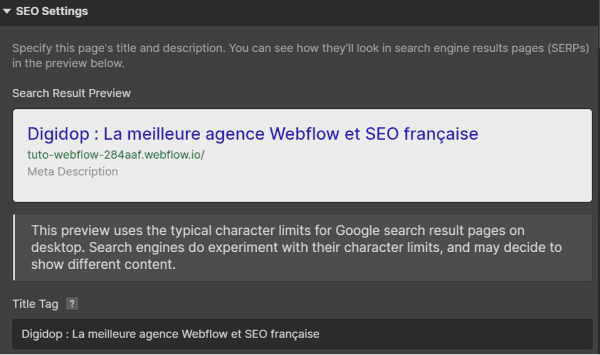 Champ Title Tag, SEO Settings, paramètres de page Webflow