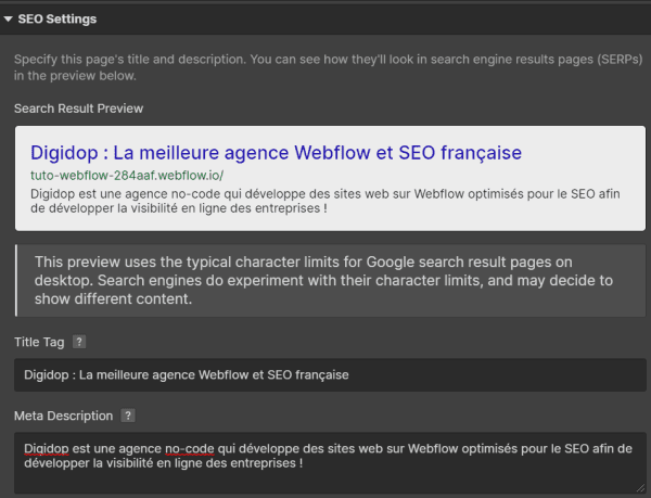 Champ Meta Description, SEO Settings, paramètres de page Webflow