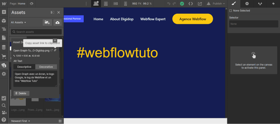 Copy asset link to clipboard d'une image sur Webflow