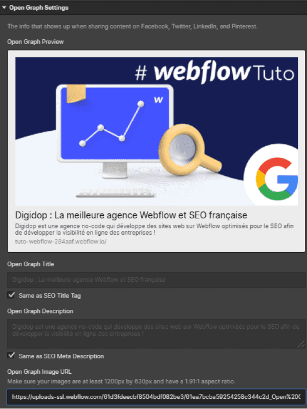 Open Graph Preview dans les paramètres de page Webflow