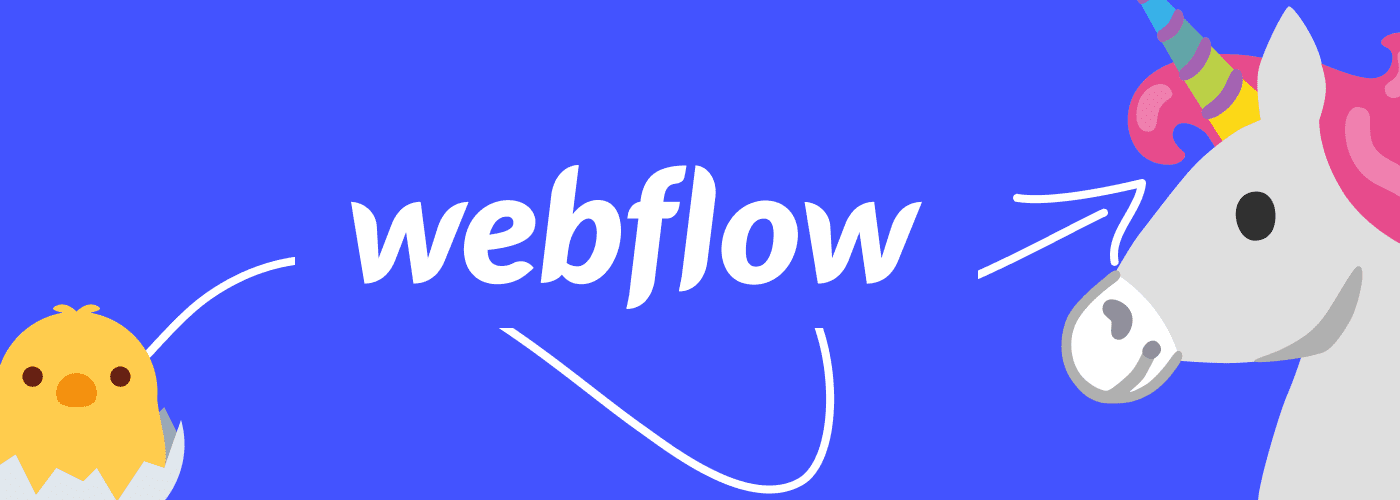 Poussin avec une flèche blanche en direction d'un logo Webflow puis vers une licorne