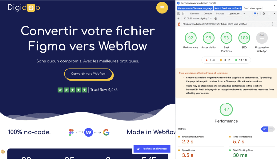 Capture d'ecran d'un audit Lighthouse (92,98,93 et 100 points) d'une landing page Webflow