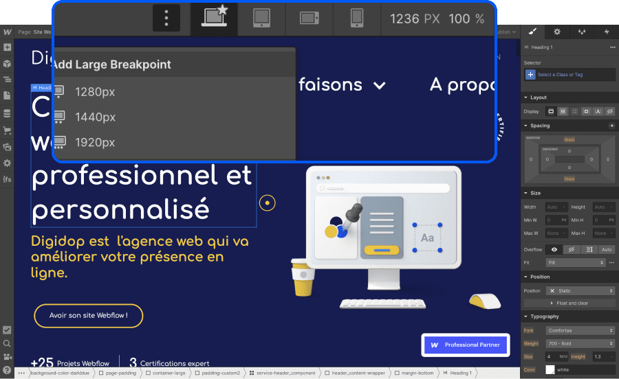 Webflow responsive breakpoint aperçu