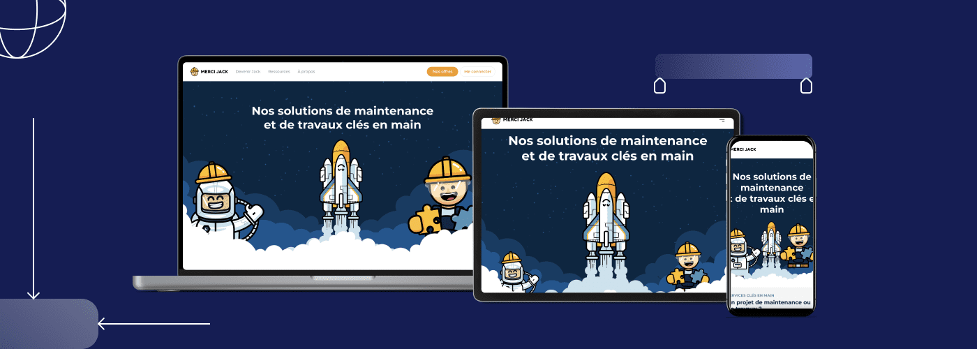 Site Webflow de mercijack.co sur 3 supports (ordinateur, tablette et smartphone)