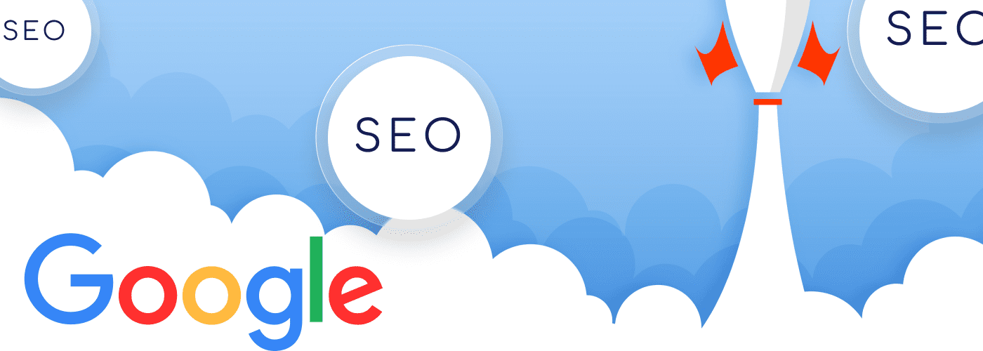 Logo Google avec une fusée qui décolle et SEO écrit dans un rond